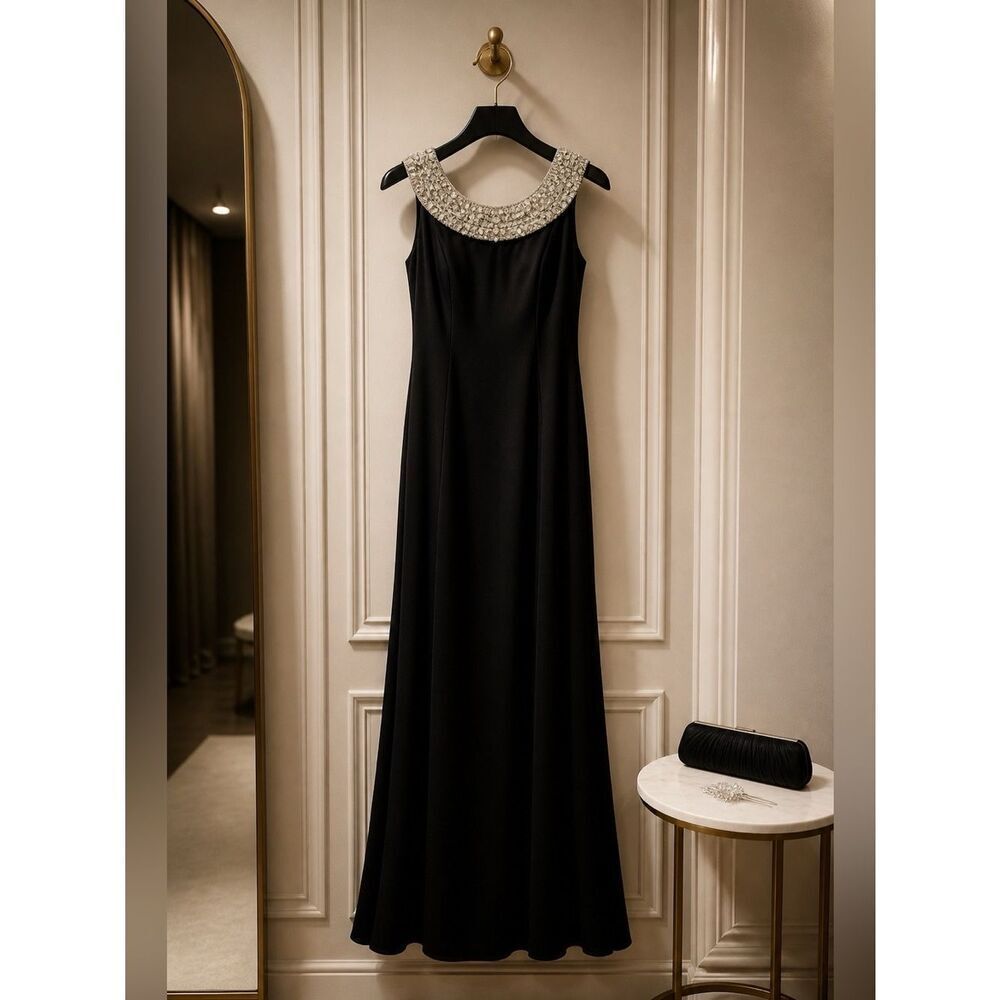 Elegant Black Evening Gown with Clear Beaded over Ecru tulle Collar Size 6 NWT